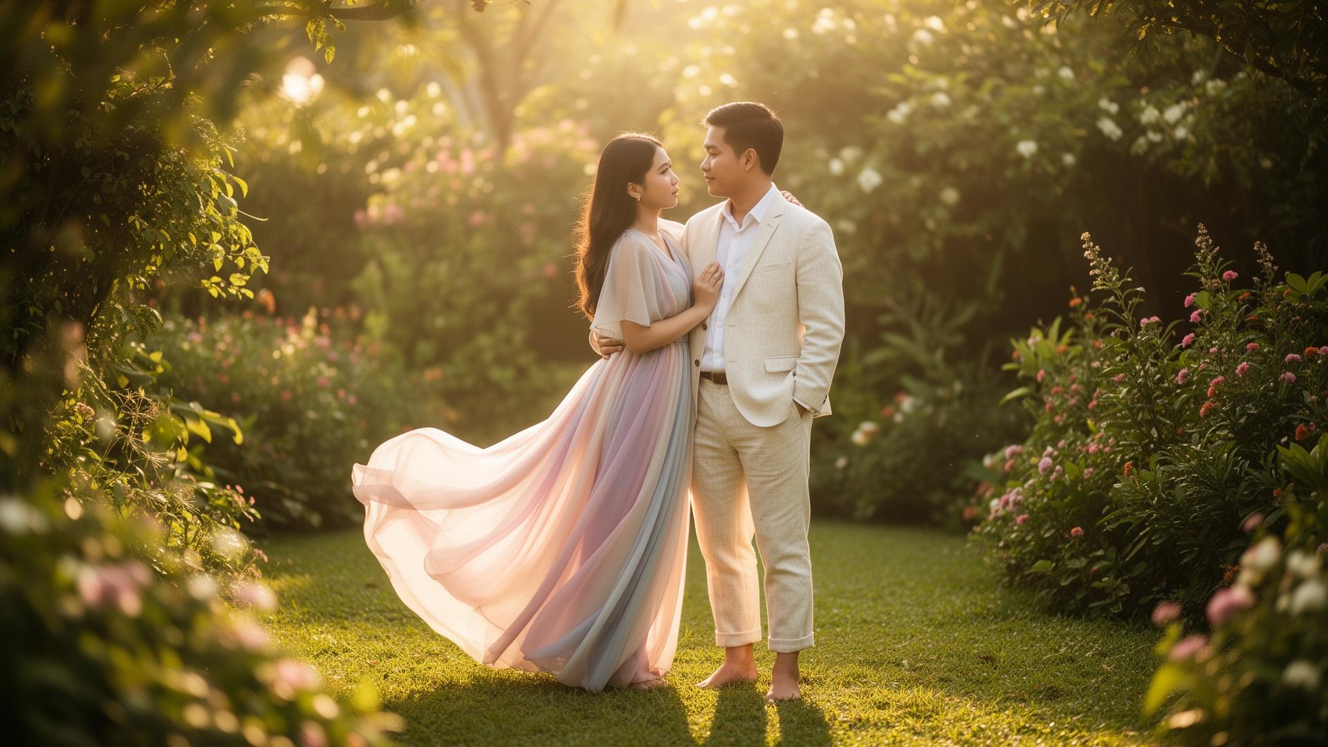 Joaquin and Liana in a sunlit garden